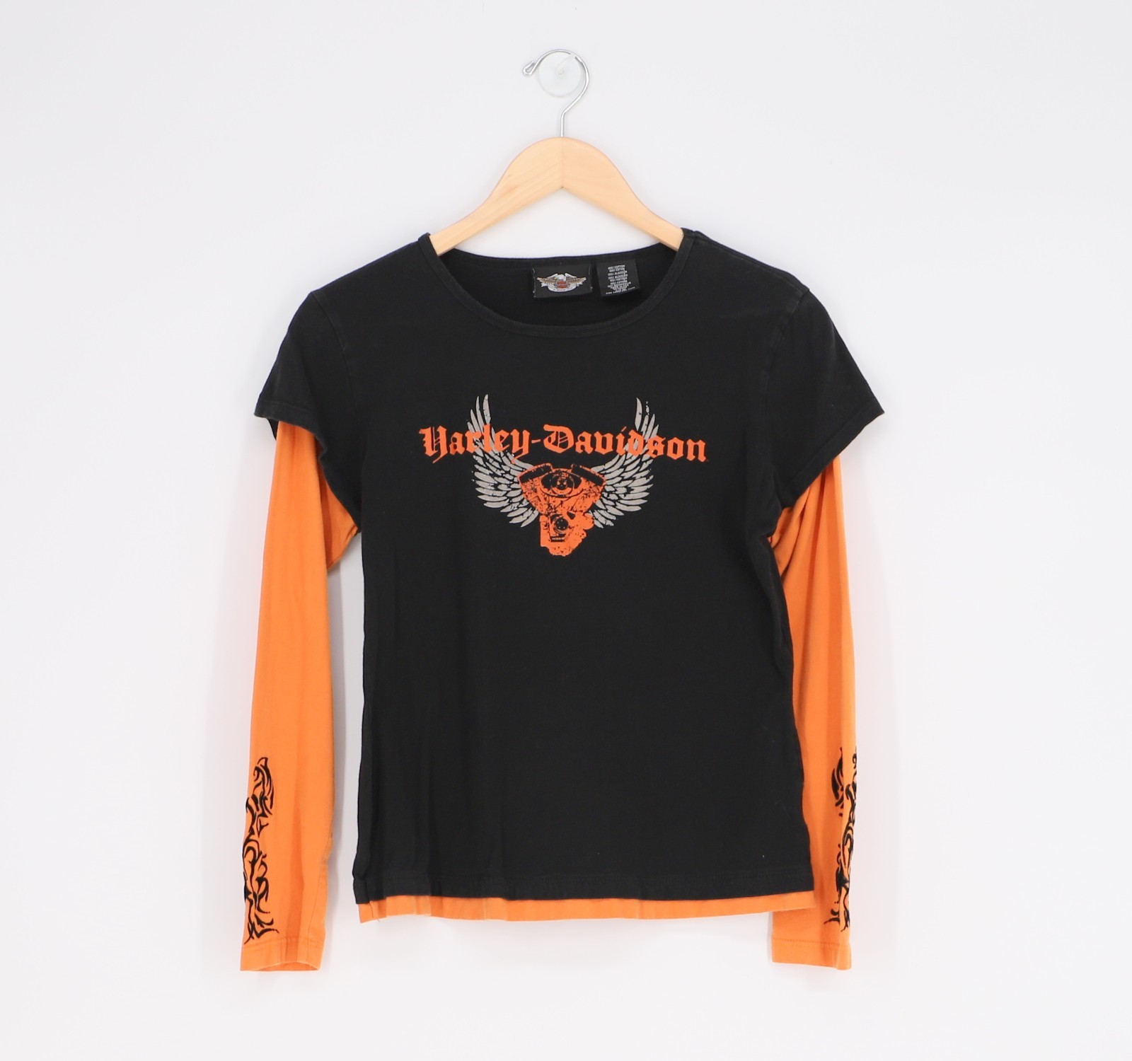 HARLEY DAVIDSON Vintage Layered Long Sleeve T-Shirt Orange & Black Y2K Size M