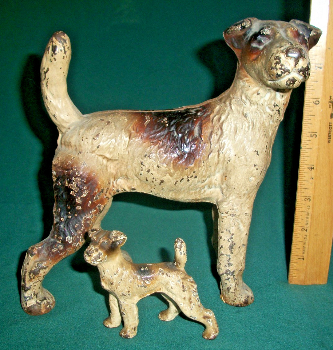 Antique Cast Iron Dog Doorstop + Puppy Wire Hair Fox Terrier Hubley (?)
