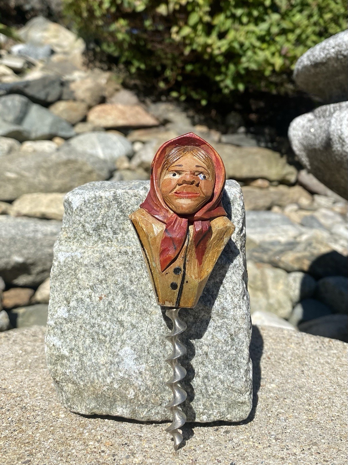 Antique Anri Italy Hand Carved Painted Wood Woman Lady Bottle Opener Corkscrew