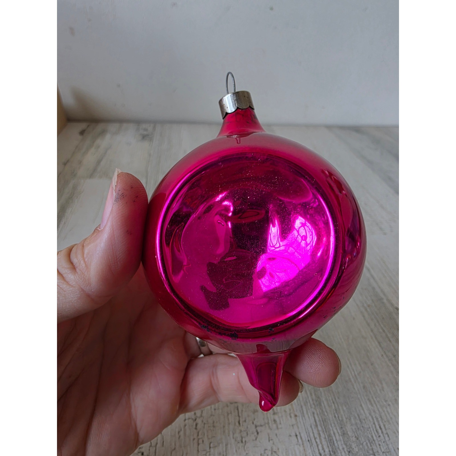 Vintage heim red indent teardrop glass ornament made in US of A Xmas tree