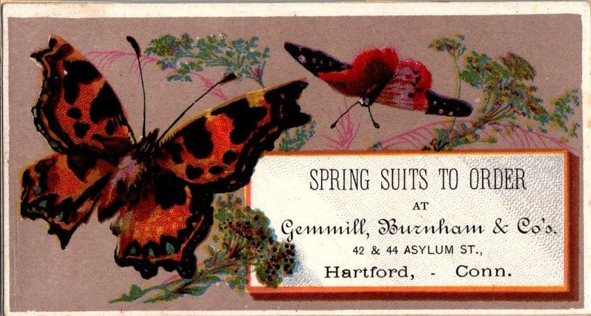 Victorian Trade Cards 1880\'s Gemmill, Burnham & Co\'. Spring Suits, Hartford, CT Victorian Trade Cards 1880\'s Gemmill, Burnham & Co\'. Spring Suits, Hartford, CT