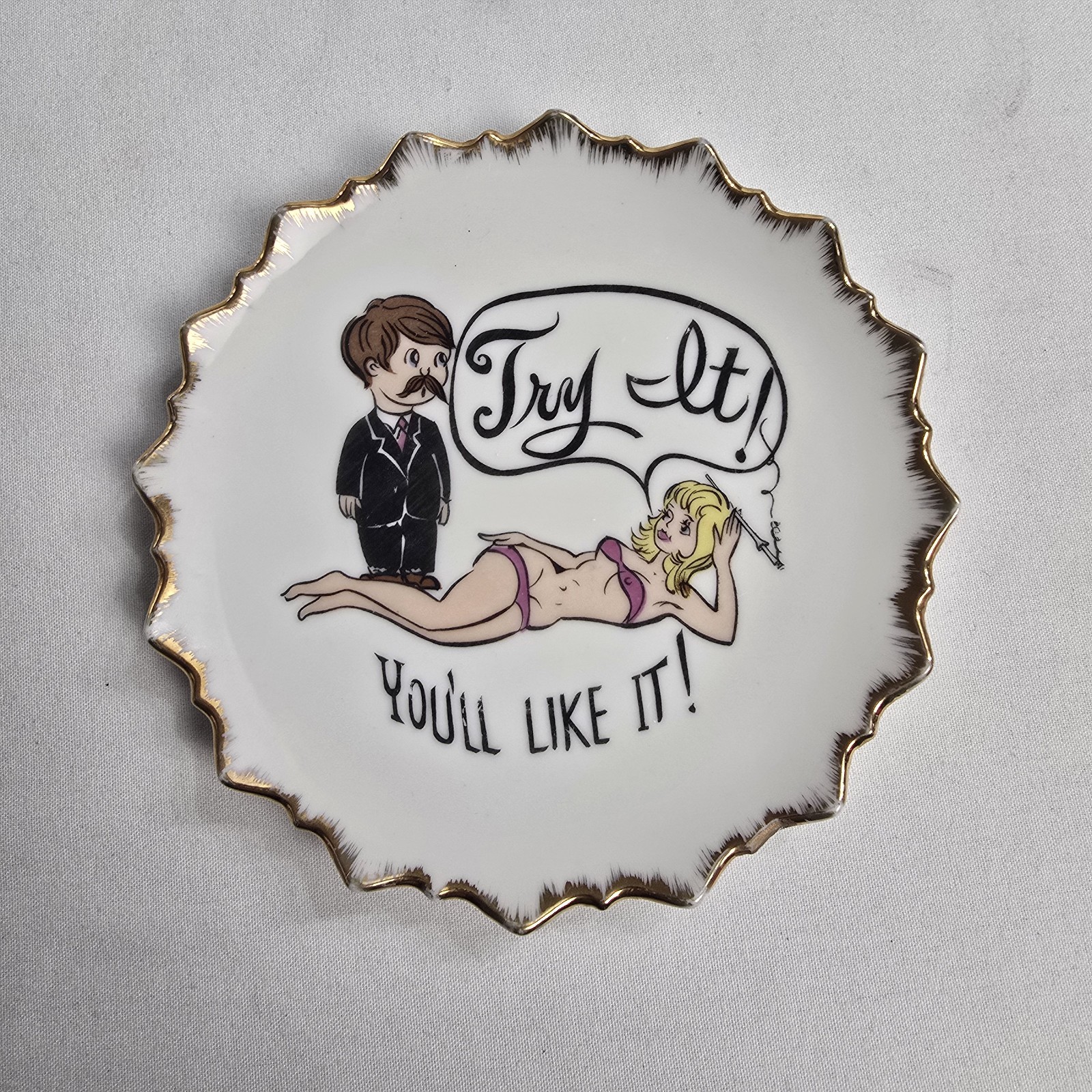 Vtg 60's Risque Novelty Plate Try It You'll Like It Cartoon Adult Humor Gag MCM