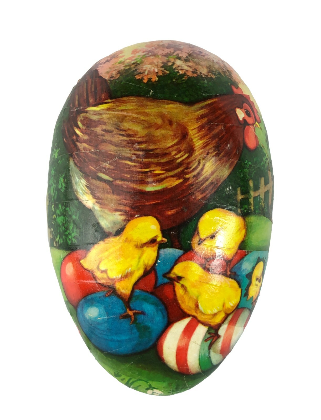 Vtg Western Germany Paper Mache Easter Egg Candy Container Hen Baby Chicks 6.75\