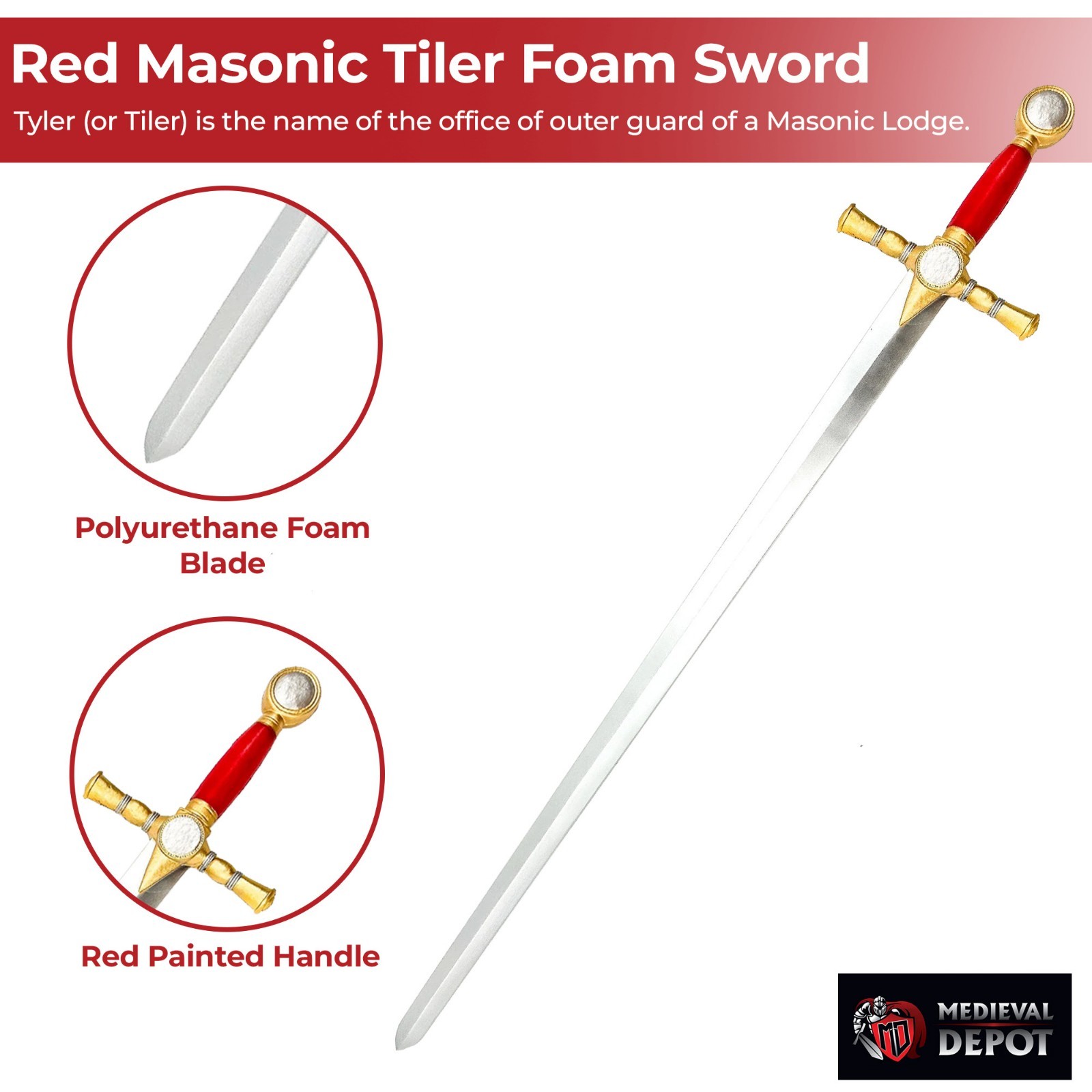 Red Masonic Tiler Foam Sword - Perfect For Practice and Display Overall 41.75 Red Masonic Tiler Foam Sword - Perfect For Practice and Display Overall 41.75