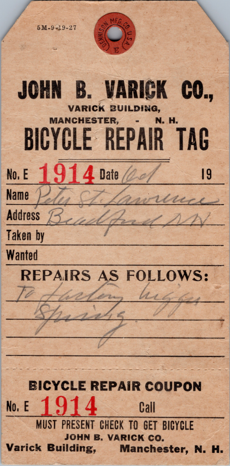 Antique Vintage John B. Varick Co. Bicycle Repair Tag - VERY RARE NH Antique Vintage John B. Varick Co. Bicycle Repair Tag - VERY RARE NH
