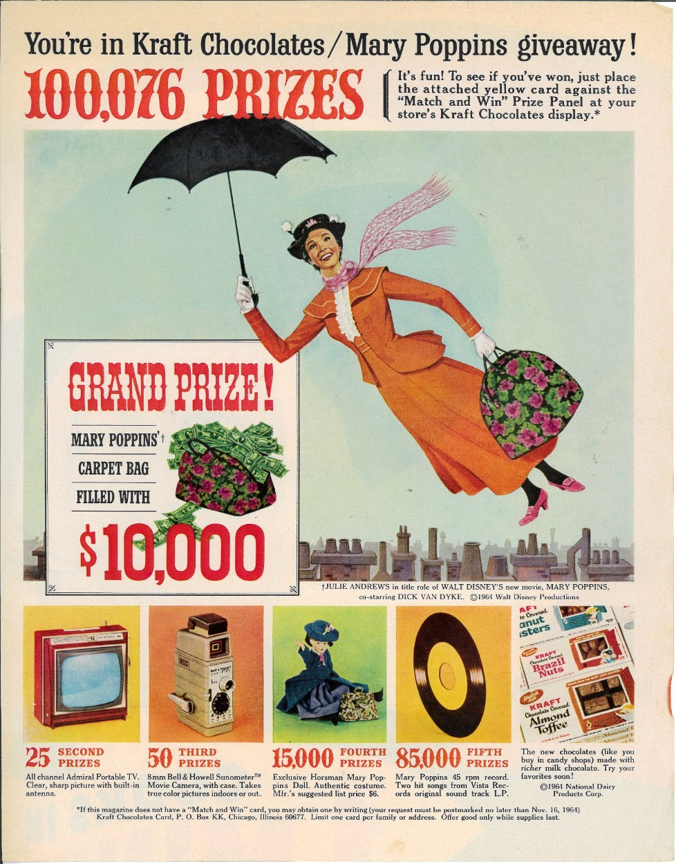 1964 KRAFT WALT DISNEY MARY POPPINS Sweepstake Vintage Magazine Print Ad