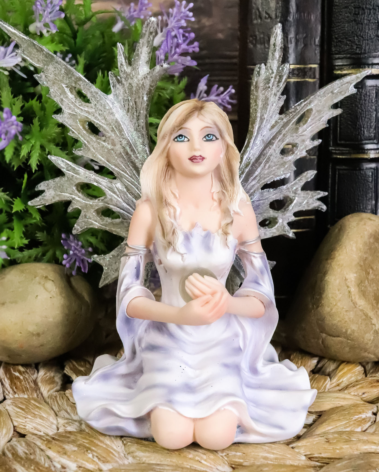 Kneeling Winter Fairy Holding Crystal Ball Statue 4.5