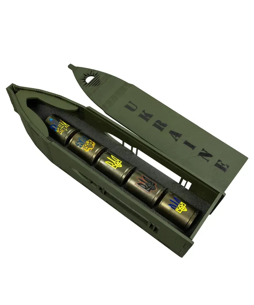 Ukraine Bullet Gift Set 5 Shot Glasses Trident wooden Box 39x9cm Souvenir