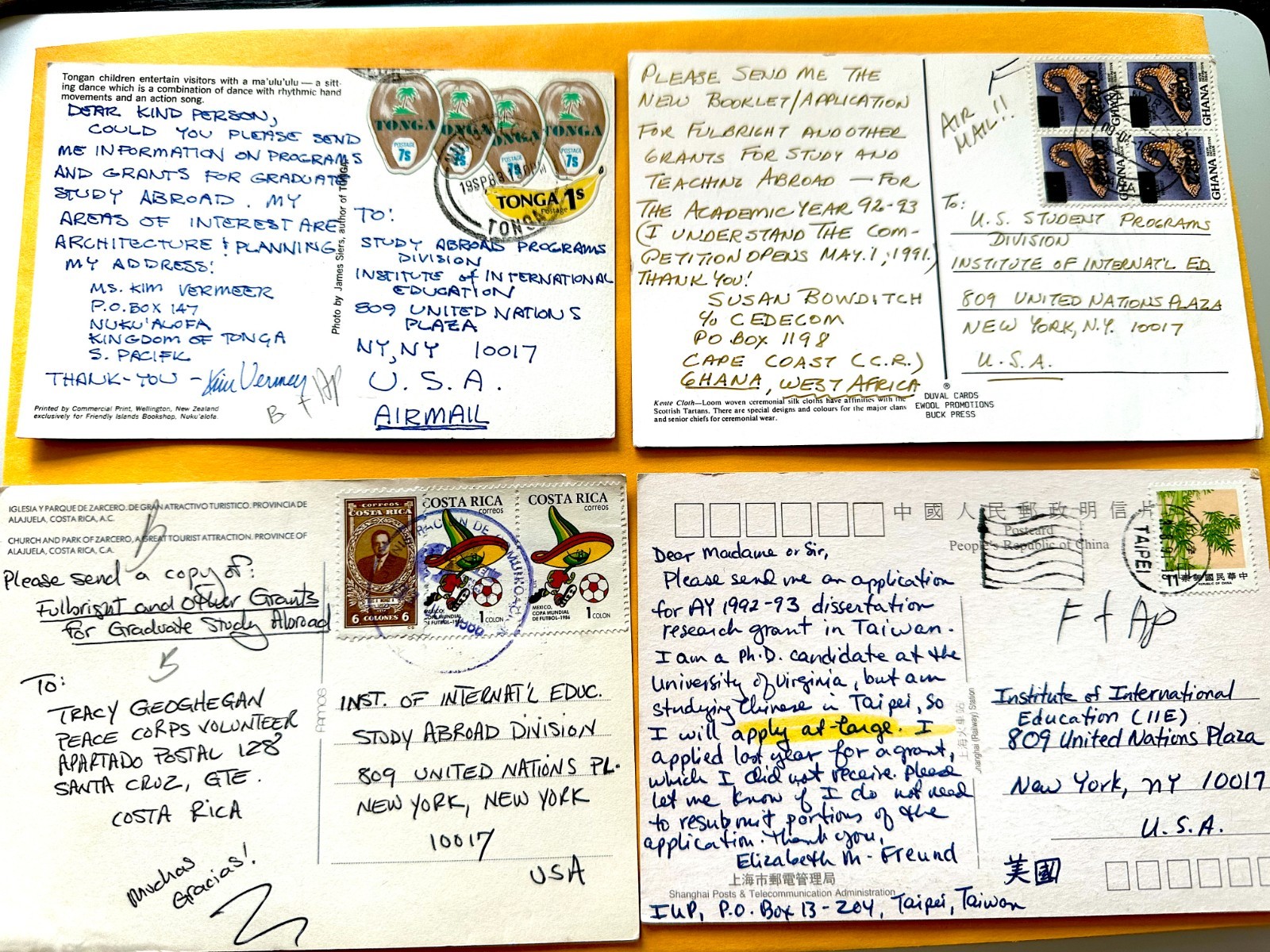 Vintage 1980s 4 Postcards to USA from Tonga, Ghana,  Costa Rica and Taiwan