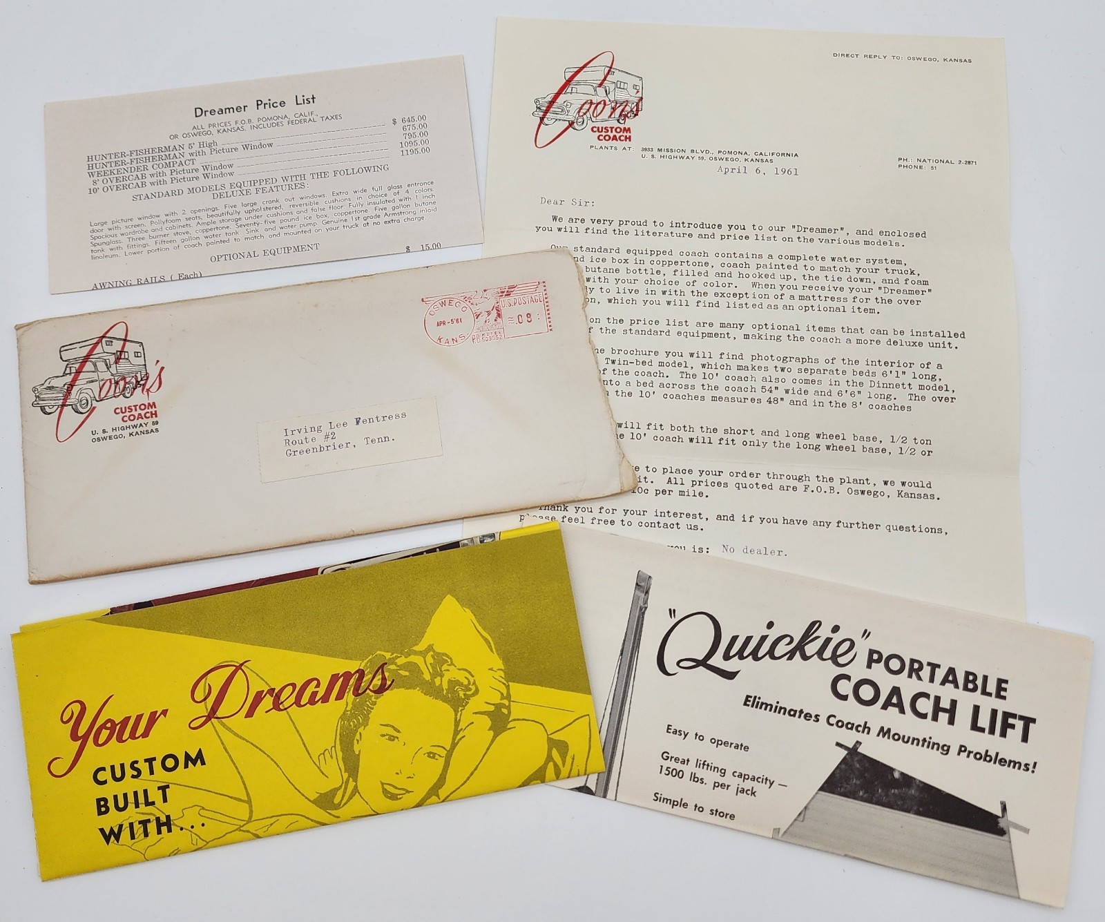 Vtg 1961 Coons Custom Coach Slide In Truck Bed Camper Advertising Packet