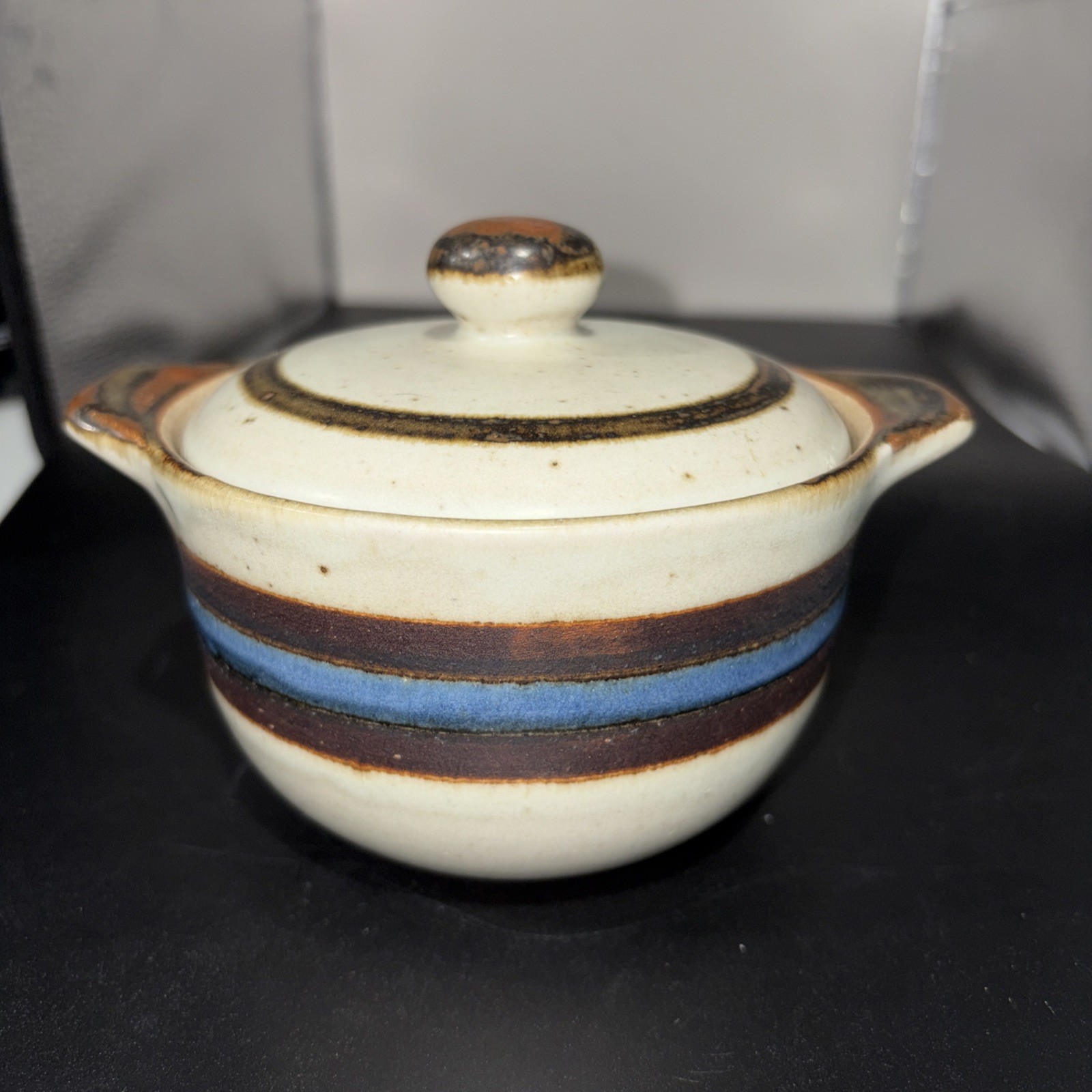 Vintage Otagiri Horizon Sugar Bowl with Lid Blue Brown Stripe and Speckled Japan