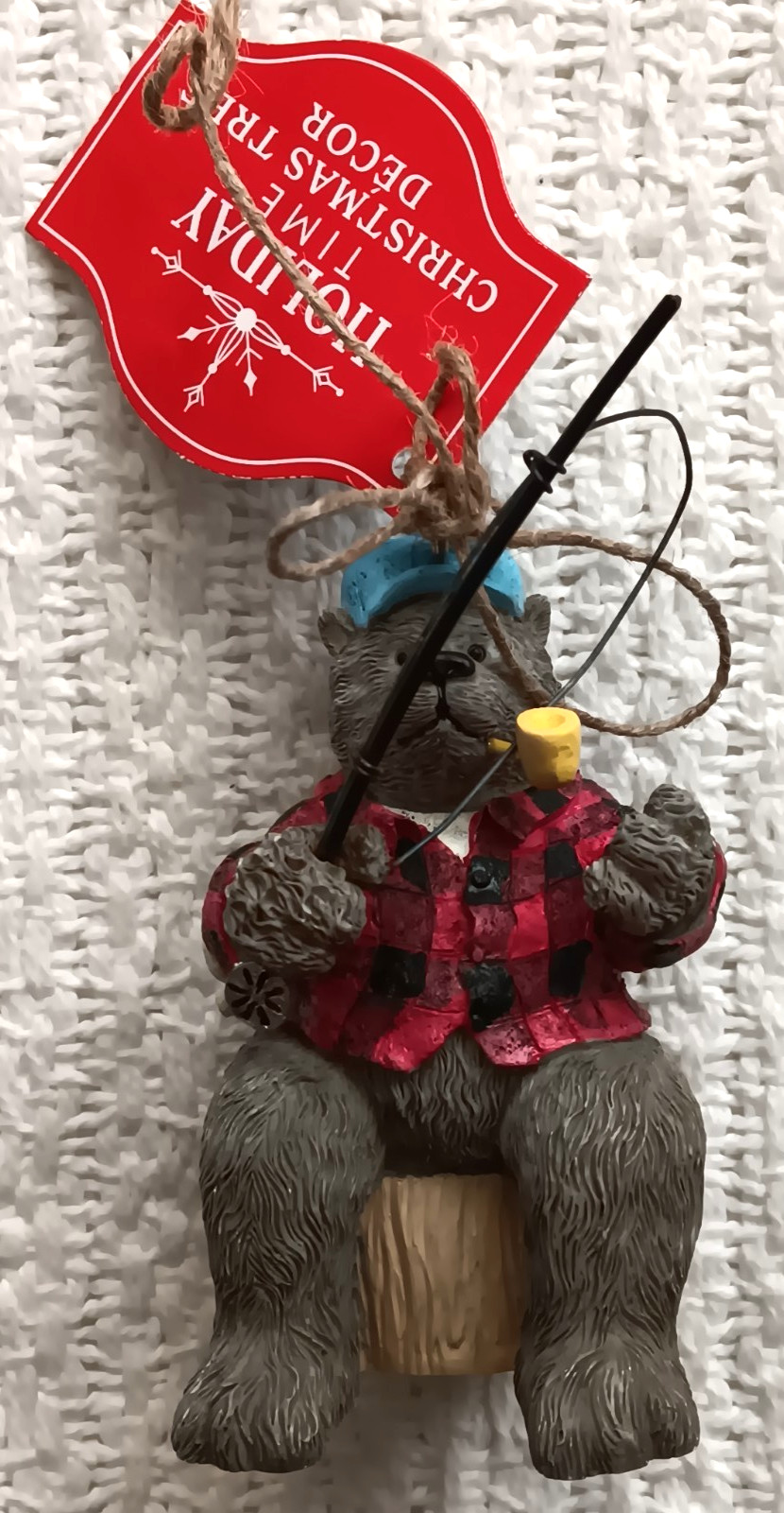 Fishing Bear Smoking Pipe Lumberjack Plaid Shirt Cap Wood Xmas Tree Ornament
