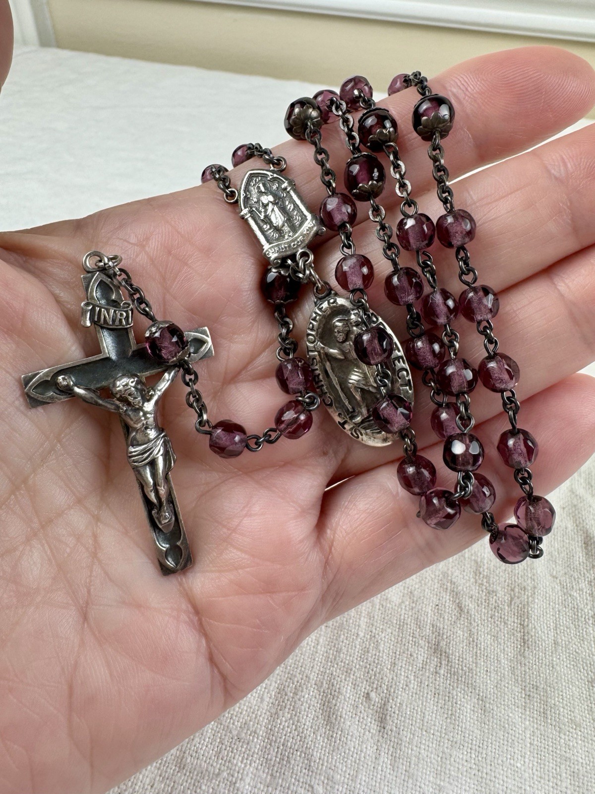 Vintage Sterling Silver Purple Faceted Glass Bead Rosary St Christopher Medal