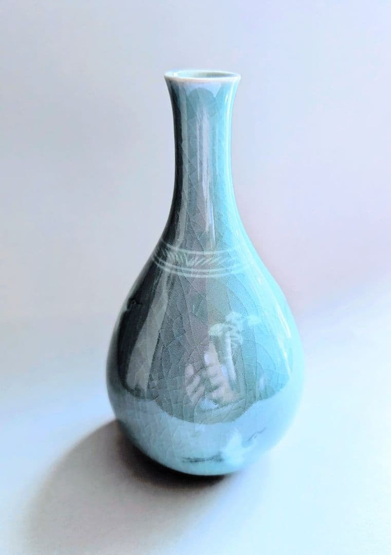 Lee Chin-ju Celadon Vase Crane Pattern Penetration Glaze Japanese Craft Antiques