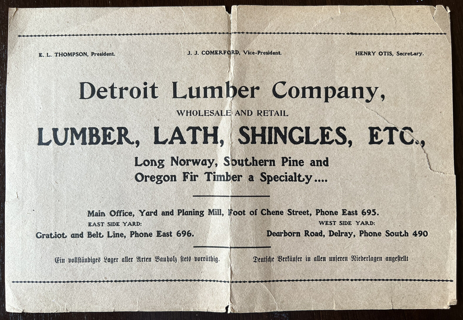 1907 DETROIT LUMBER COMPANY BACKSIDE IN GERMAN, LUMBER, LATH AND SHINGLES 1907 DETROIT LUMBER COMPANY BACKSIDE IN GERMAN, LUMBER, LATH AND SHINGLES