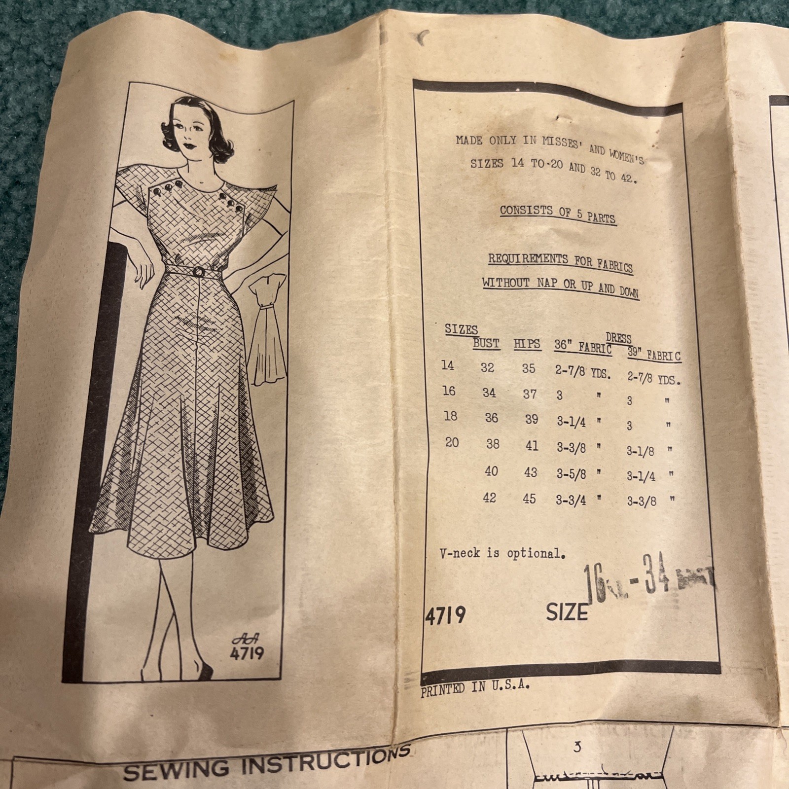 Vintage Anne Adams Dress pattern, Dress Pattern 4719 Size 16 Vintage Anne Adams Dress pattern, Dress Pattern 4719 Size 16