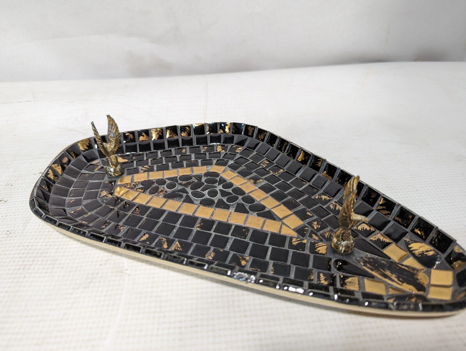 Vintage mosaic tray, black and gold, with eagles, 12 Inches By 6.75 Inches