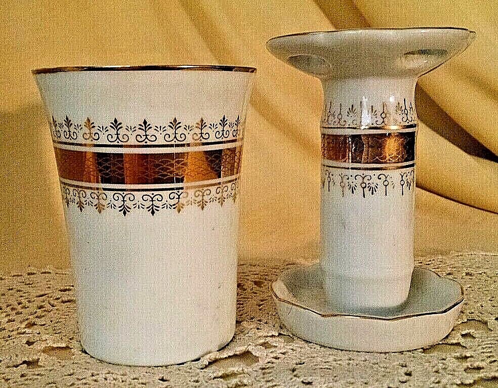 VANITY SET 2 PC VINTAGE PORCELAIN TOOTHBRUSH HOLDER CUP GOLD I W RICE TAIWAN.