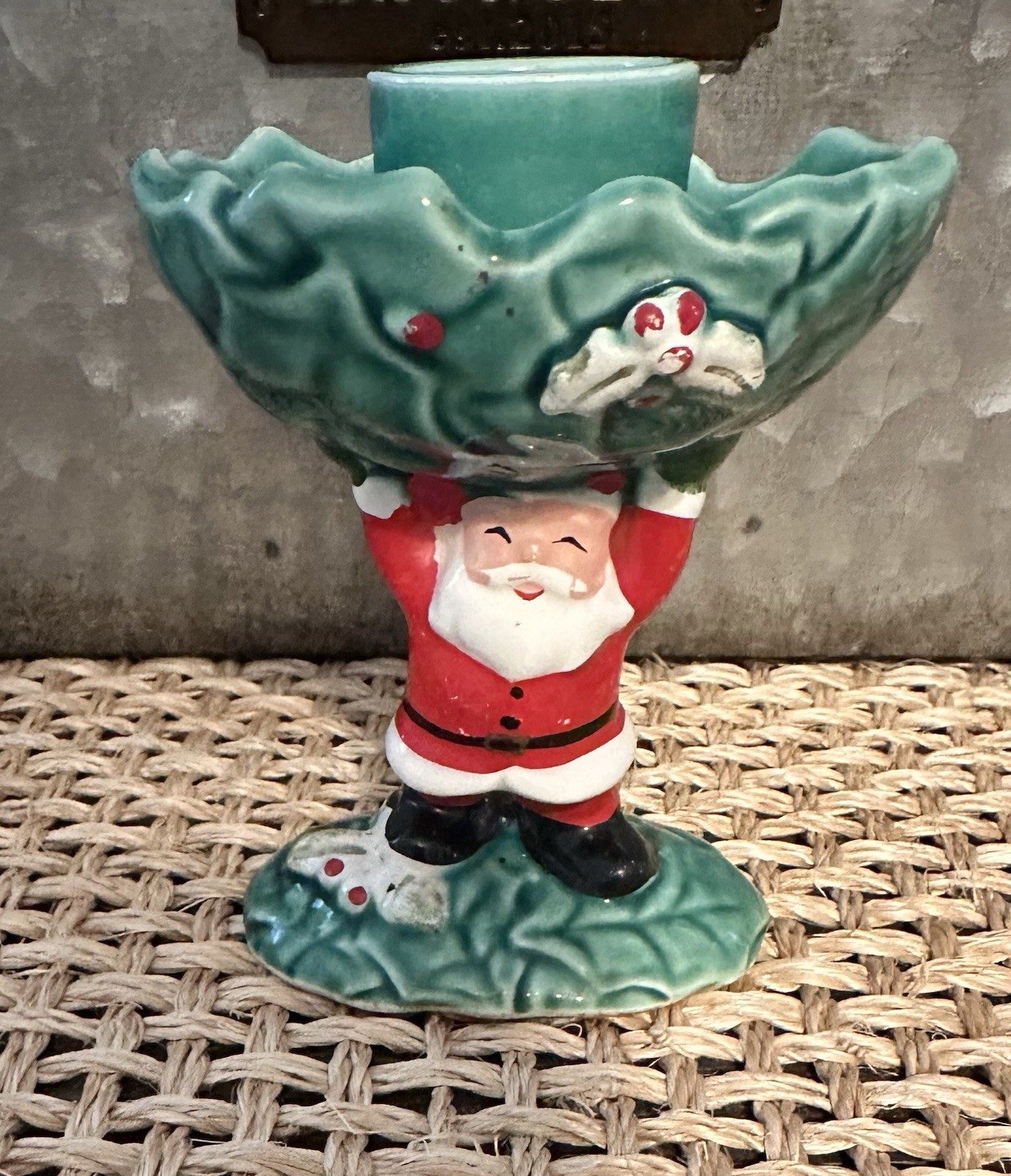 Vintage Napco Ceramic Santa & Holly Leave Candle Holder 1962 Old Fashion Holiday