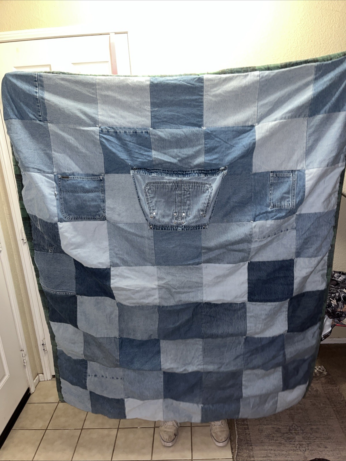 Vtg Denim jean denim Homemade Quilt 71x60 inches
