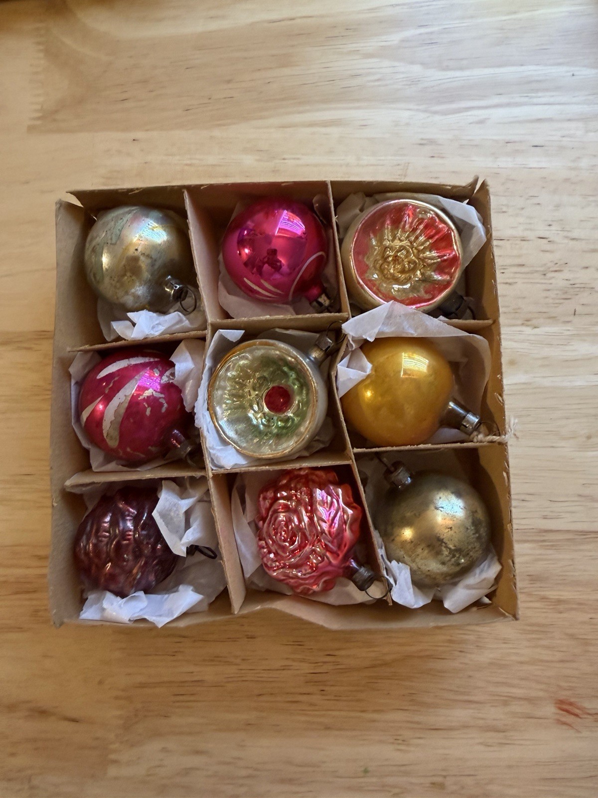 Vintage/Antique Box of German Glass Feather Tree Ornaments In Original Box