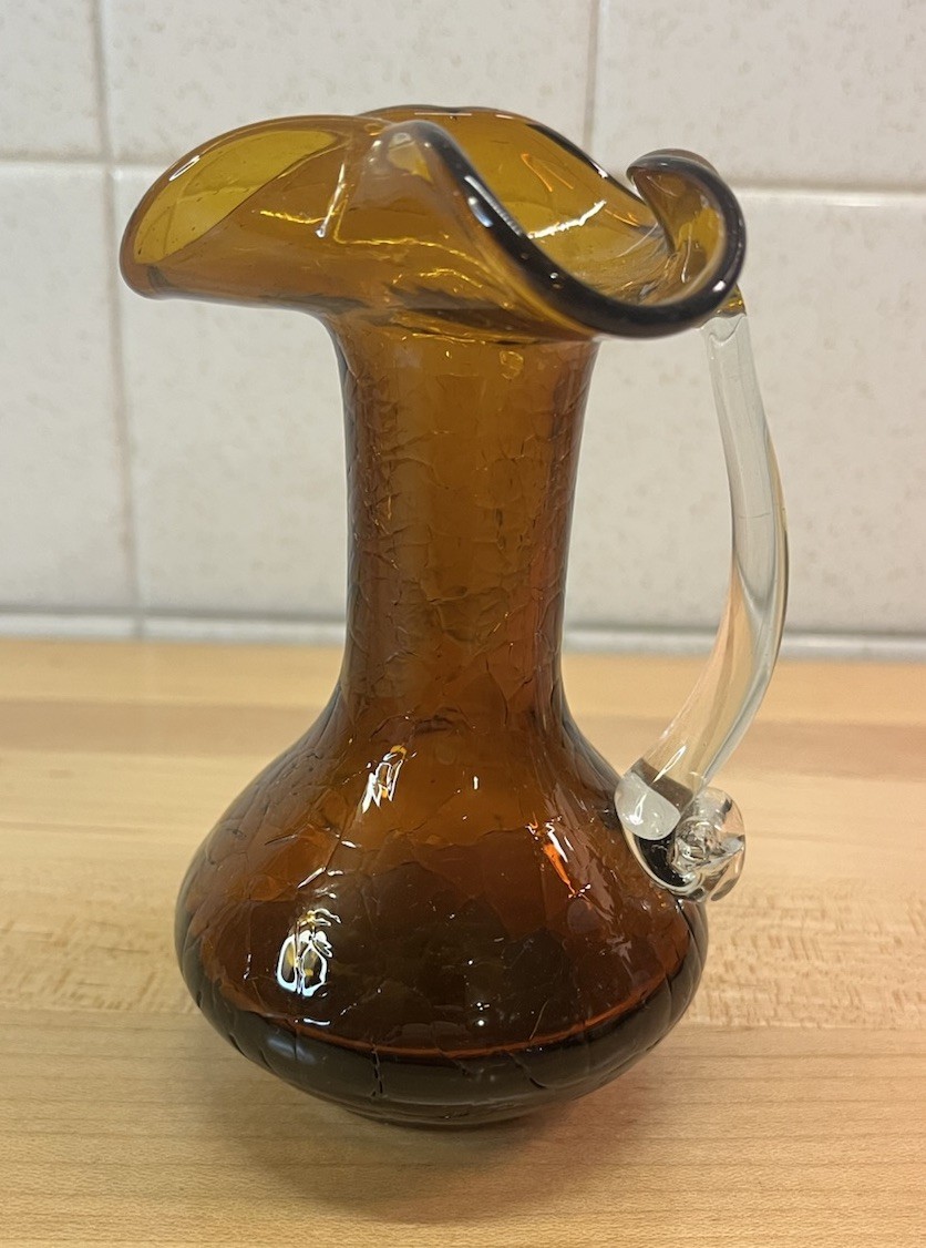 Vtg MCM Pilgrim Amber Crackle Glass 5 Inch Pitcher Vase Ruffled Rim Clear Handle