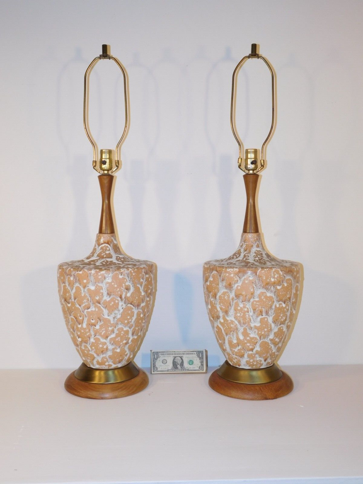 PR Vintage 1960s MCM Hollywood Regency Terra Cotta Lamps Teak Walnut Bases