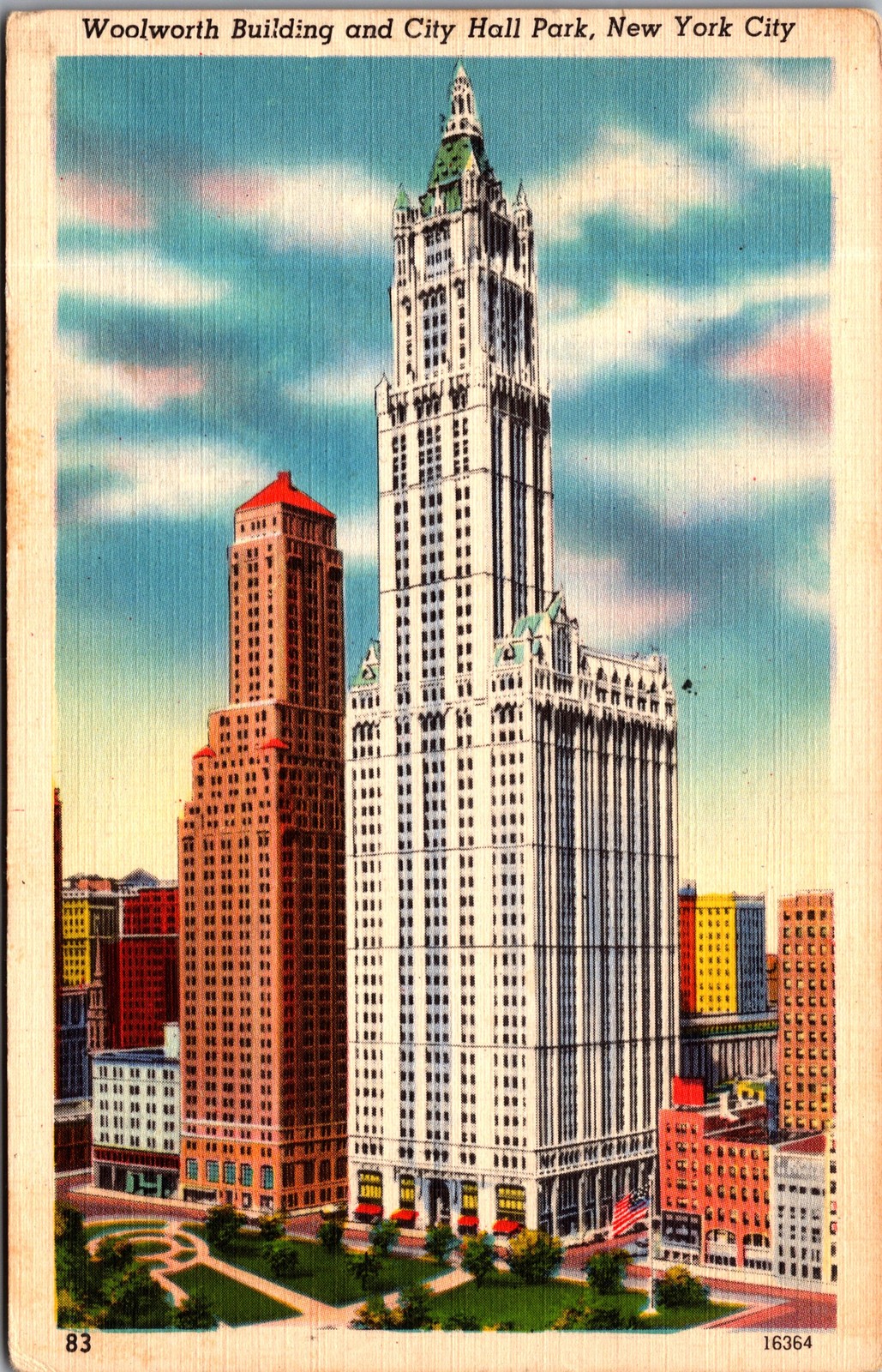 1954 Linen Postcard Woolworth Building City Hall Park New York City NY