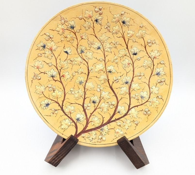 Vintage Jaffar Ali Indian Papier Mache Gilt Floral Platter C1940 Wall Decor