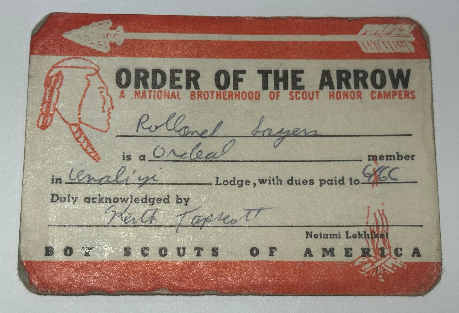 Boy Scout- OA Membership Card Lodge 236 UnaLi\'Yi  South Carolina 1966  RC6