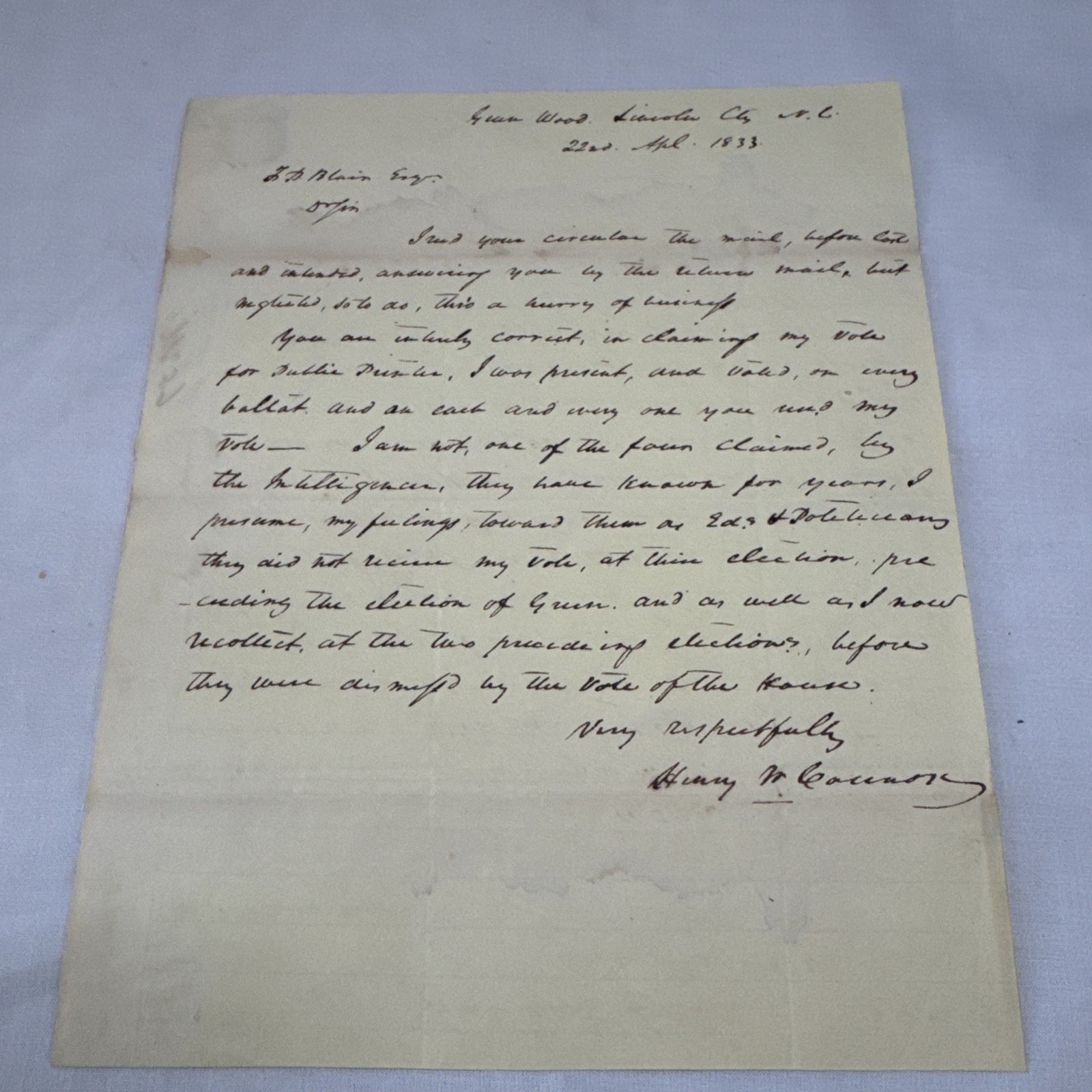 1833 Jacksonian Politics Manuscript Letter Henry W Connor Francis P Blair Signed