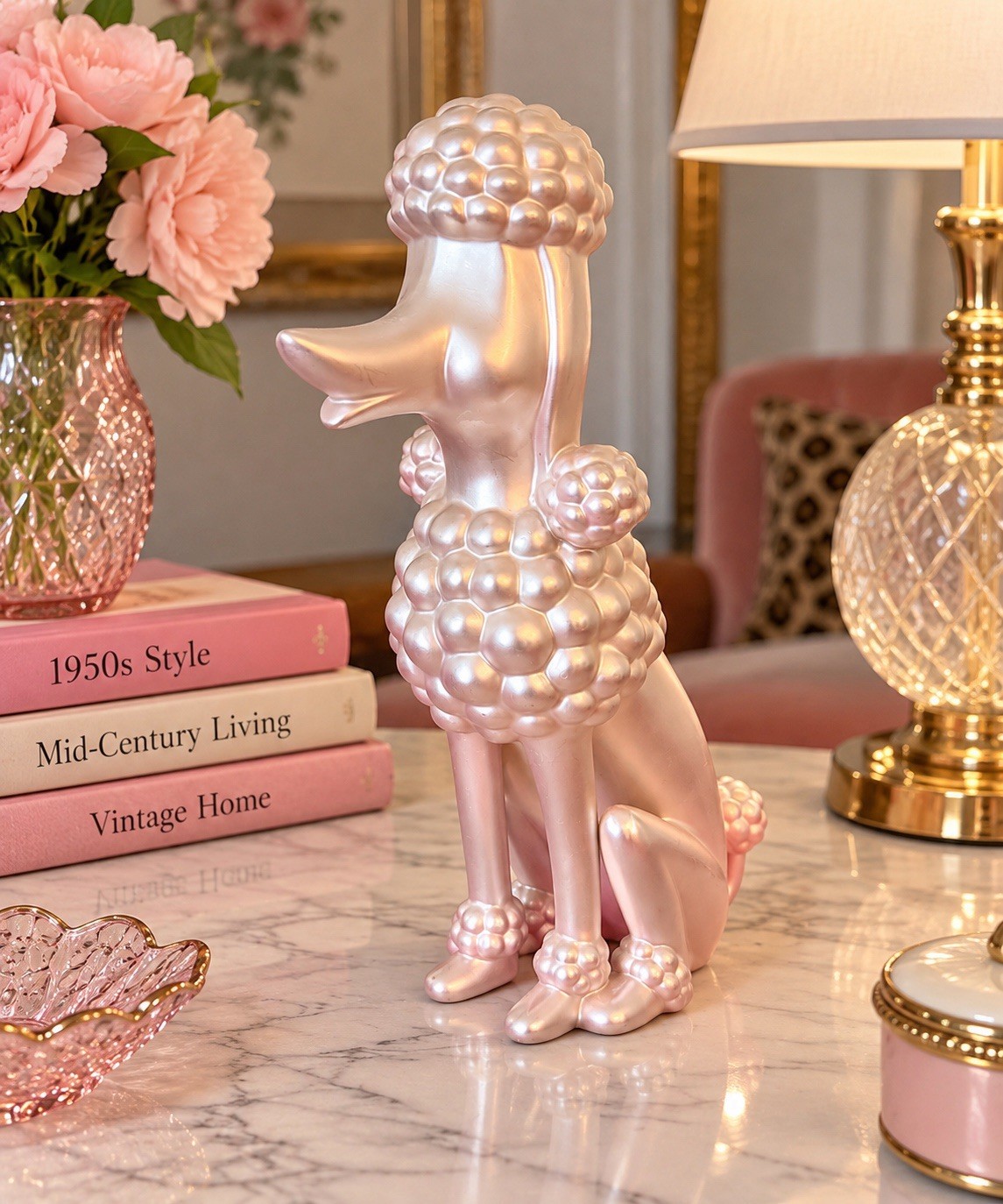 12” Pink Poodle Ceramic Figurine – 1950s Mid-Century Inspired Vintage Style