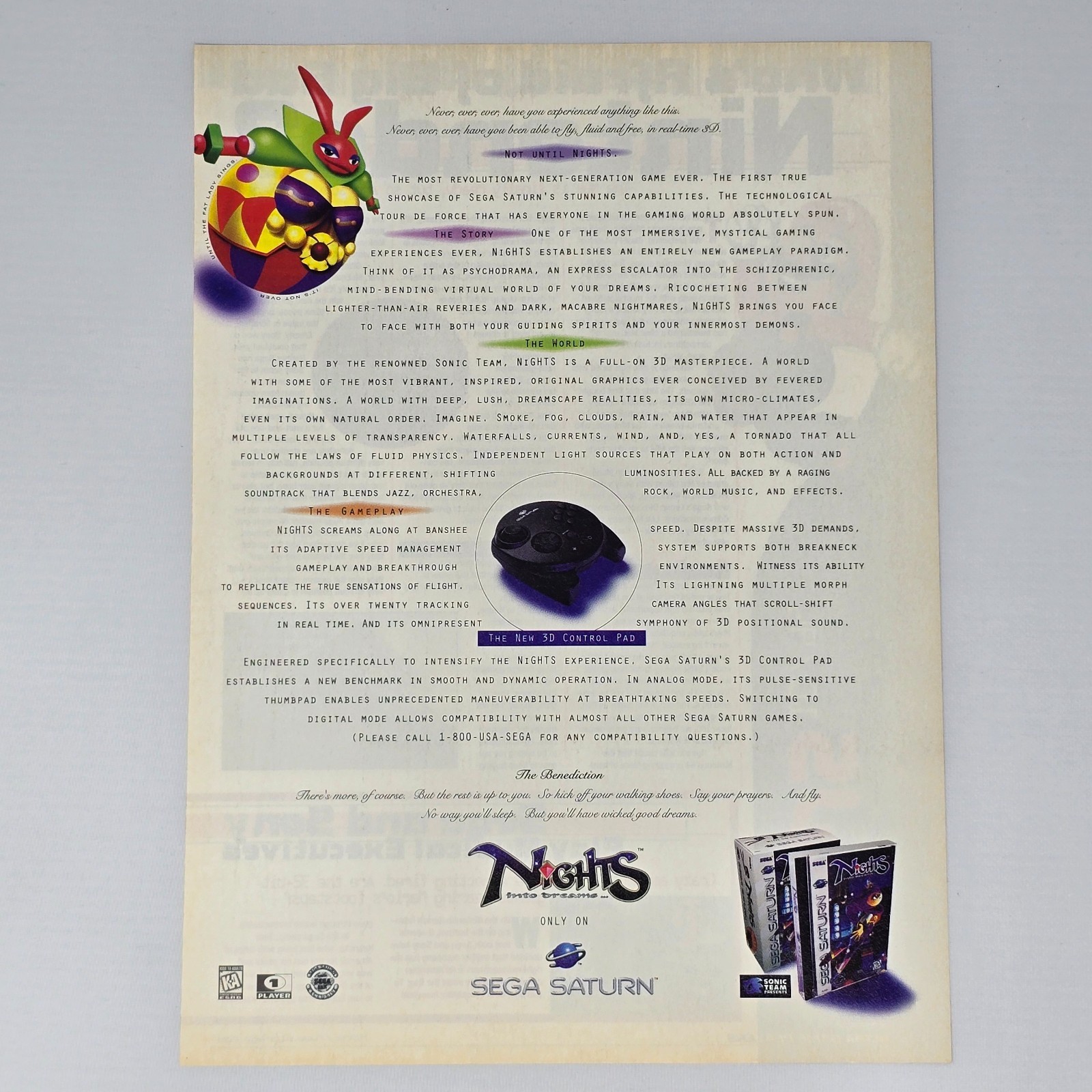 Nights Into Dreams Sega Saturn Benediction Print Ad/Poster Promo Art