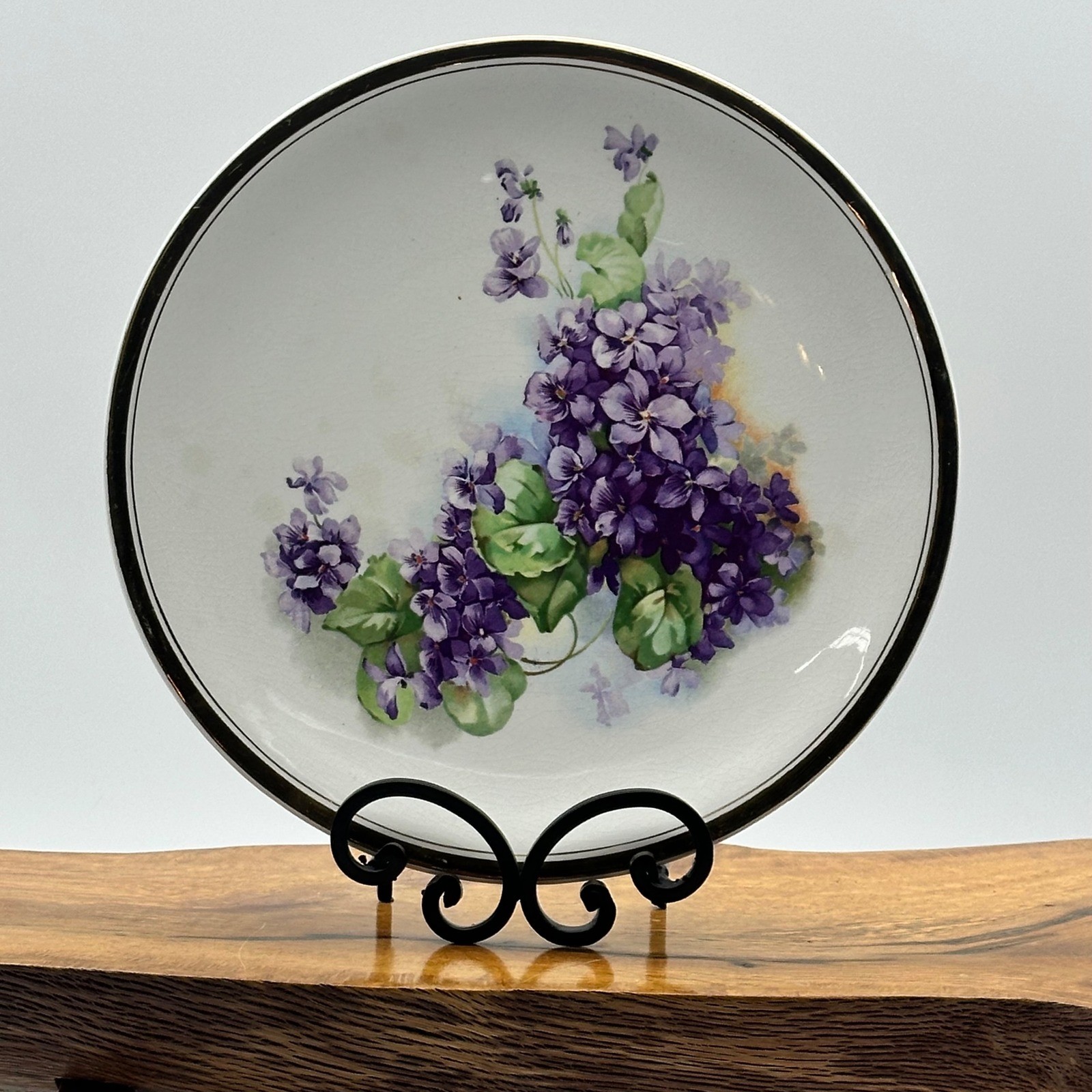 Antique H.T. & K Co Semi-Vitreous Porcelain Plate Purple Violets Gold Rim 10.25