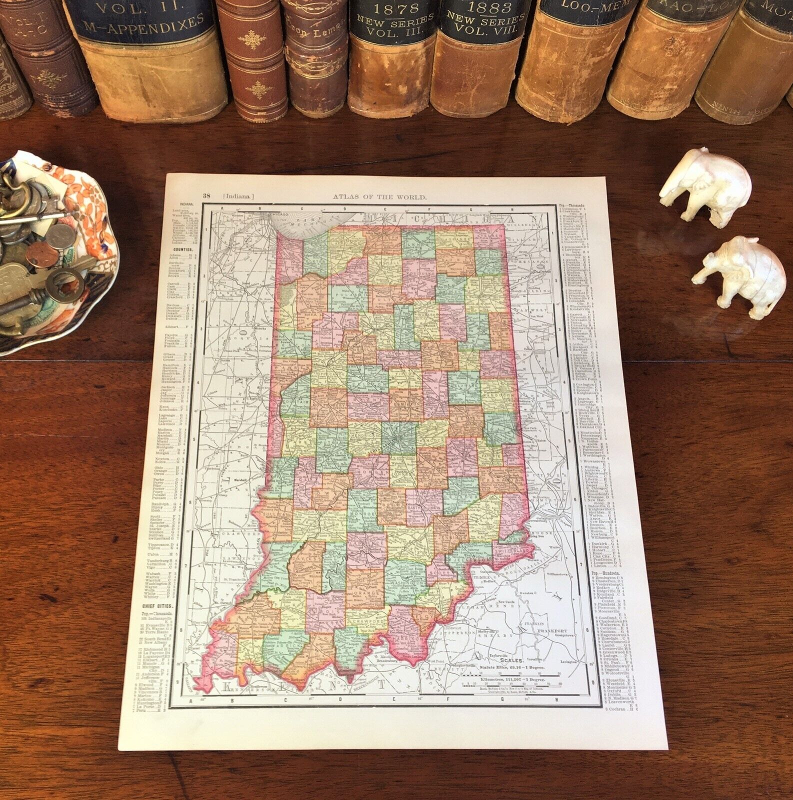 Large Original 1898 Antique Map INDIANA Evansville Hammond Carmel Lafayette Gary