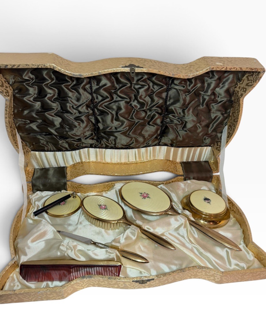 VTG 1950s Vanity Set Mirror Brush Comb Gold Rose Floral Original Box USA Made VTG 1950s Vanity Set Mirror Brush Comb Gold Rose Floral Original Box USA Made