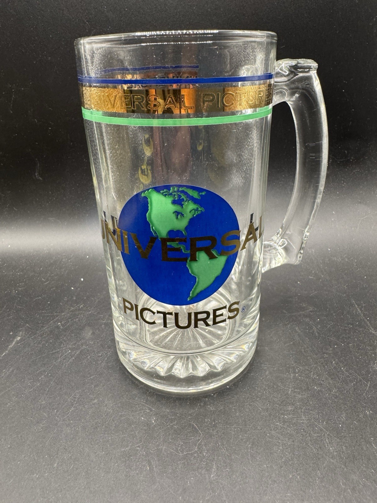 Vintage Universal Pictures Glass Beer Mug Stein Globe Logo Gold Band
