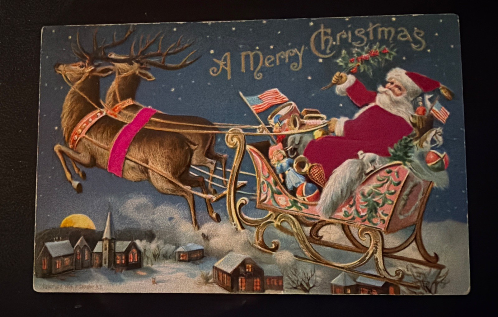 SILK~Santa Claus in Sled with~USA Flag~Antique Patriotic Christmas Postcard-s904 SILK~Santa Claus in Sled with~USA Flag~Antique Patriotic Christmas Postcard-s904