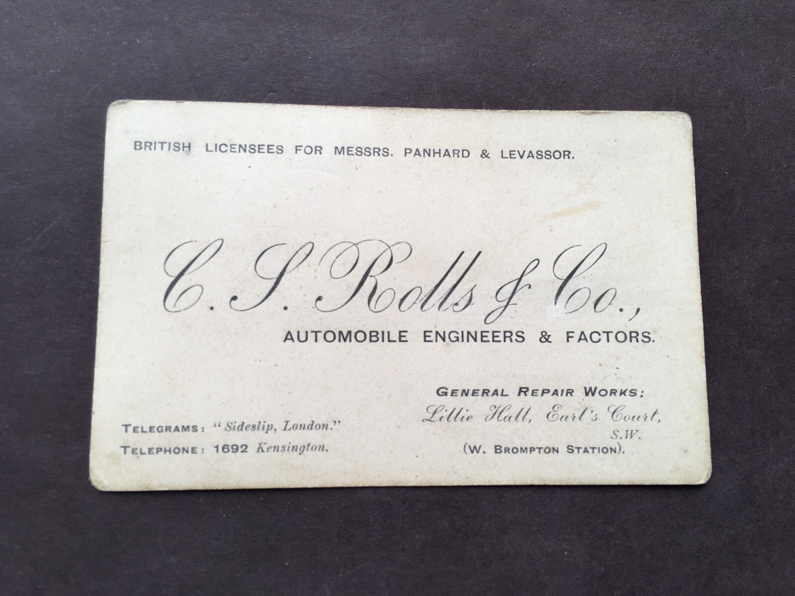 V.RARE PRE 1906 VINTAGE C.S.ROLLS&Co AUTOMOBILE ENGINEERS&FACTORS BUSINESS CARD V.RARE PRE 1906 VINTAGE C.S.ROLLS&Co AUTOMOBILE ENGINEERS&FACTORS BUSINESS CARD