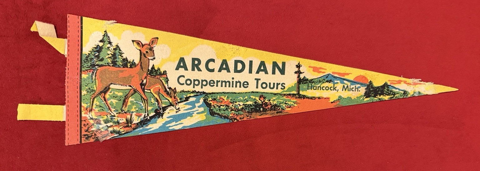 Vintage Arcadian Coppermine Tour 14 Inch Travel Pennant Deer and Stream Graphic