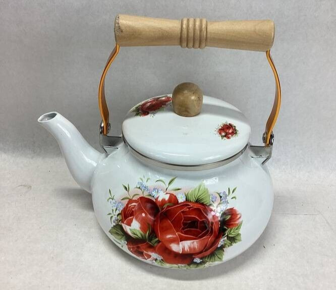 Vintage Old Country Roses Enameled Metal Tea Kettle Teapot NEW IN ORIGINAL BOX