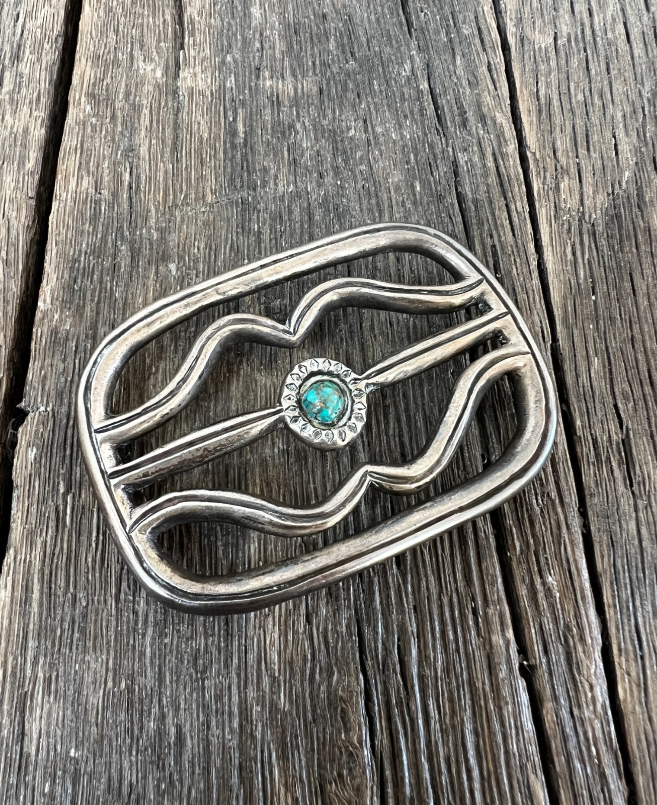 Vintage Sterling Silver Navajo Style Belt Buckle With Turquoise Accent - 3 1/4\ Vintage Sterling Silver Navajo Style Belt Buckle With Turquoise Accent - 3 1/4\