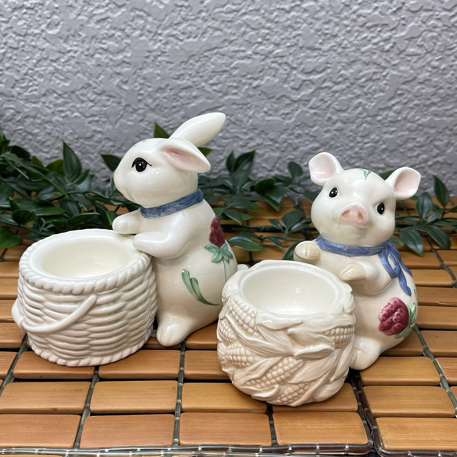 Vintage Lenox Poppies on Blue Barnyard Bunny Rabbit & Pig Votive Candle Holders Vintage Lenox Poppies on Blue Barnyard Bunny Rabbit & Pig Votive Candle Holders