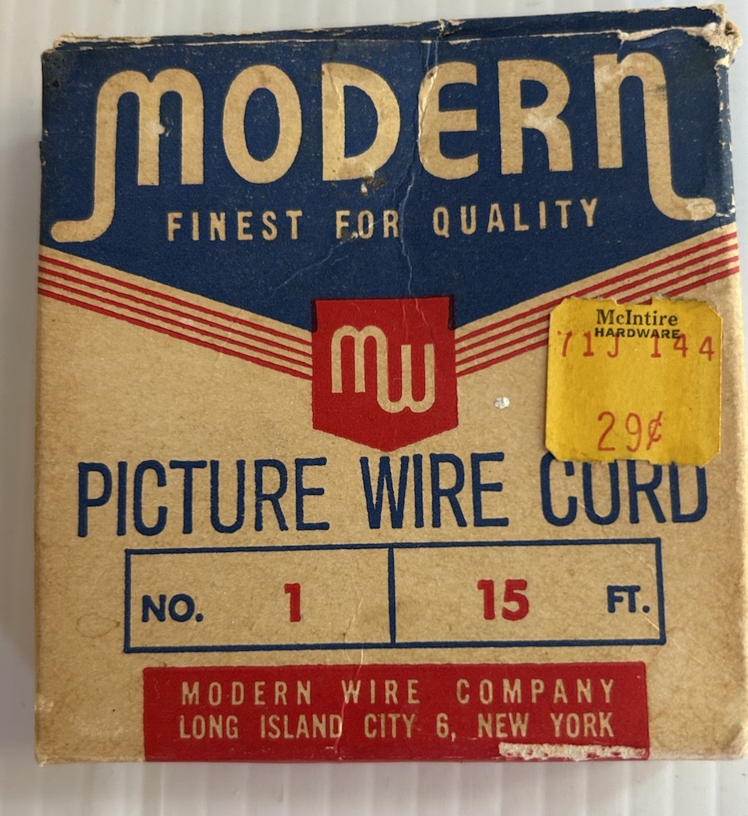 VINTAGE 1967 MODERN WIRE CO,15 FEET OF NUMBER 1 PICTURE CORD (BOX ONLY)