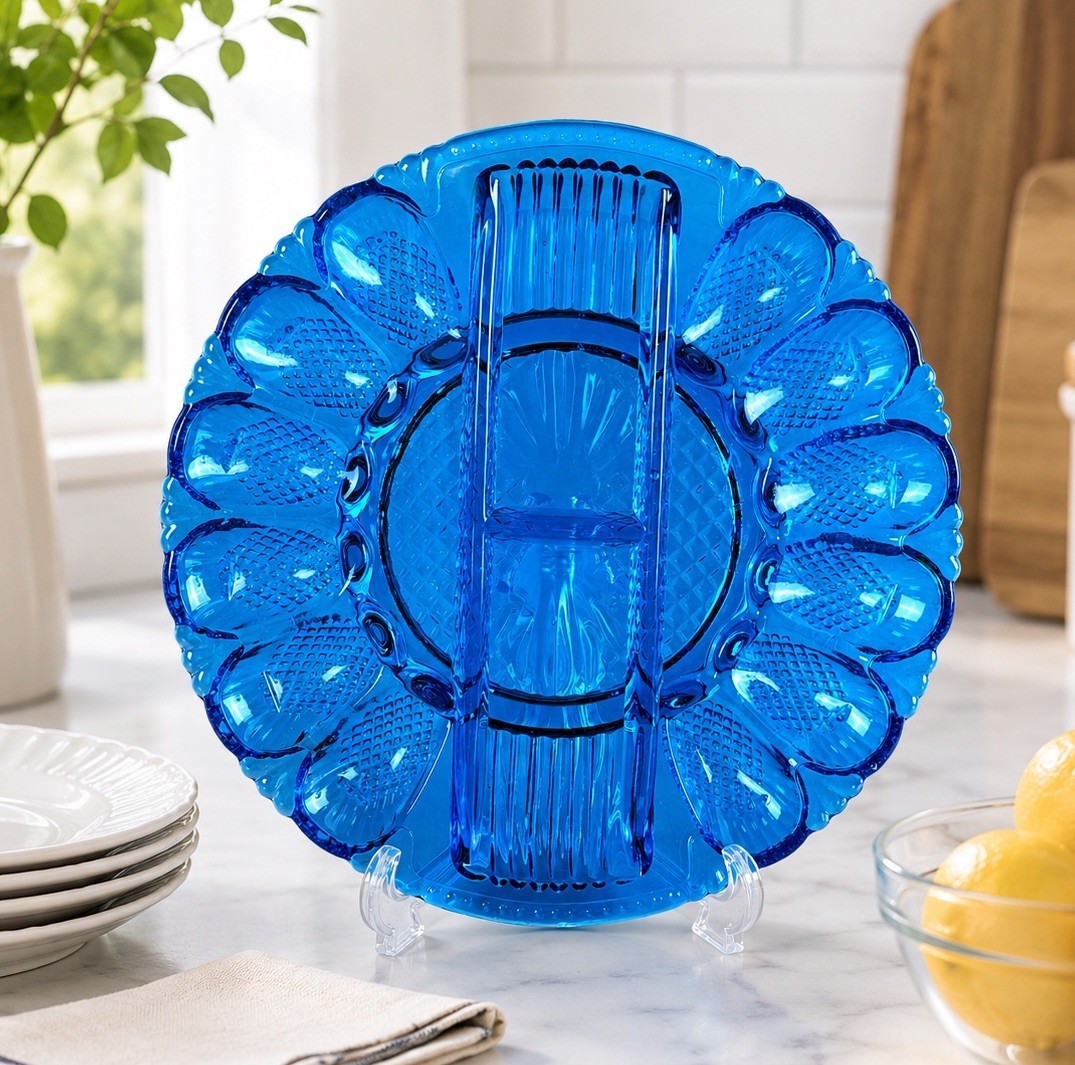 VTG L.E. Smith Aqua Blue Glass Heritage Deviled Eggs & Relish Platter 11” READ
