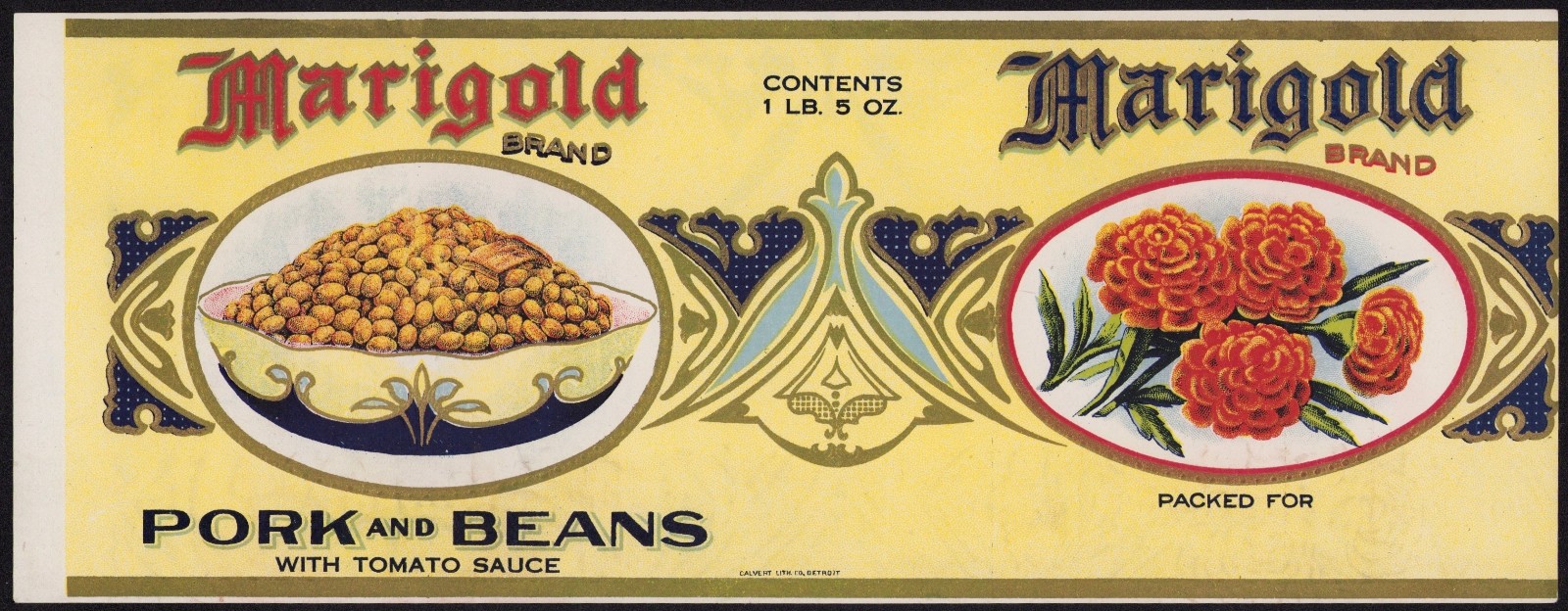 MARIGOLD large antique can label PORK & BEANS Calvert Litho file sample 1920 MARIGOLD large antique can label PORK & BEANS Calvert Litho file sample 1920