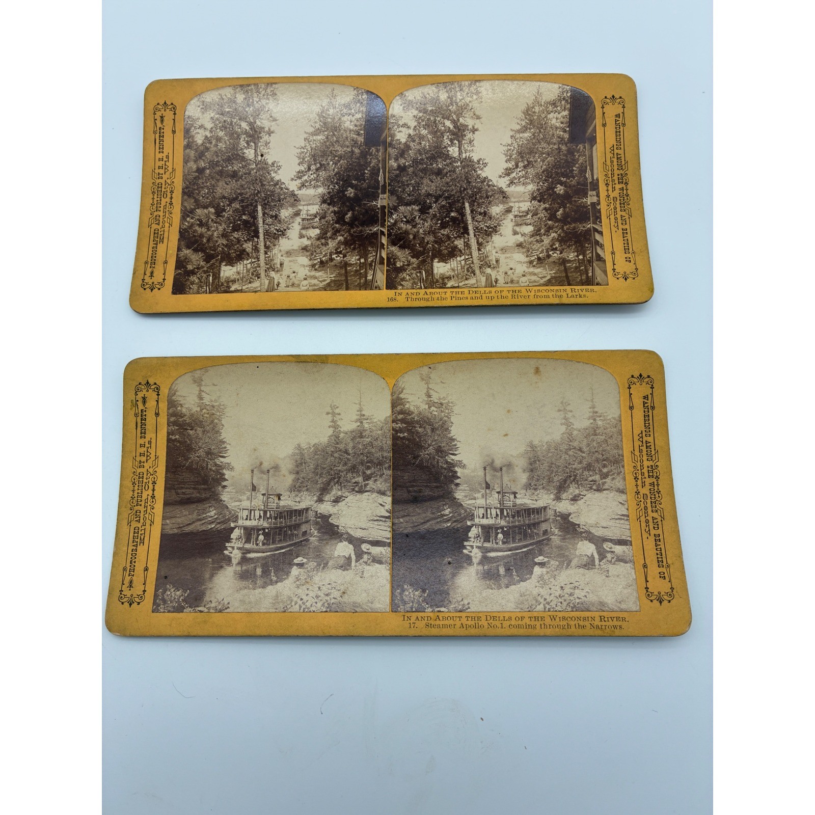 2 H.H. Bennett Stereoview Cards Wisconsin Dells Steamer Apollo No. 1 River Views 2 H.H. Bennett Stereoview Cards Wisconsin Dells Steamer Apollo No. 1 River Views