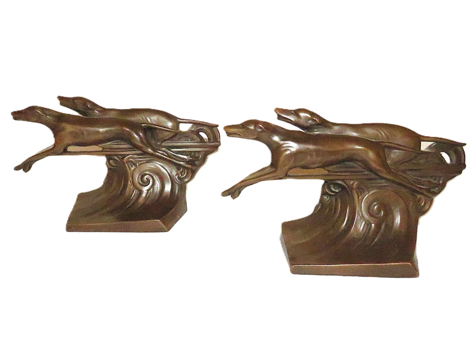 Pair of Art Deco Stylized Patinated Bronze Greyhound Dog Bookends Pair of Art Deco Stylized Patinated Bronze Greyhound Dog Bookends