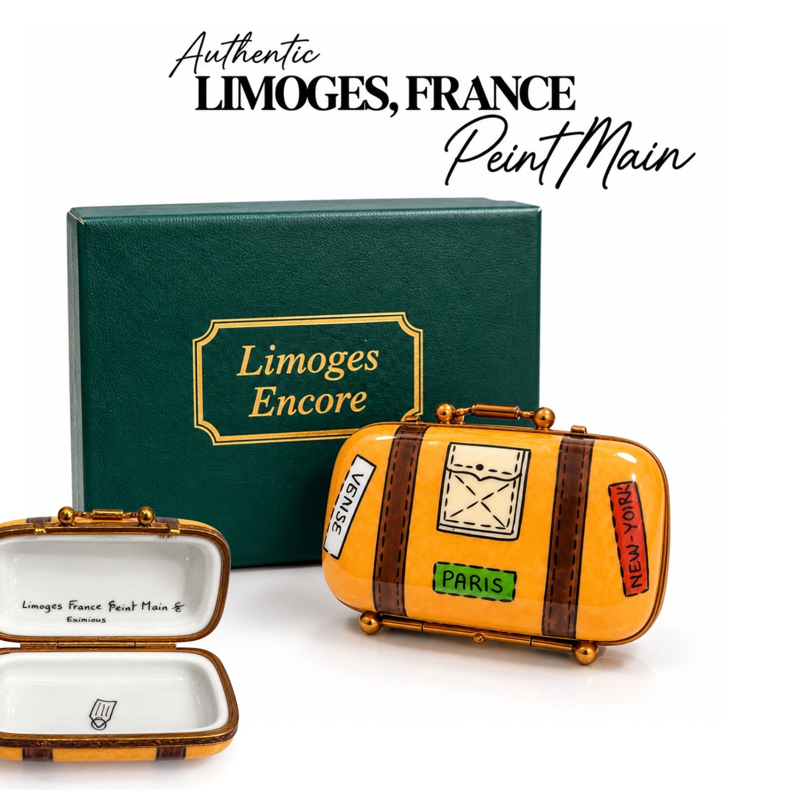 Limoges Peint Main France Vintage Suitcase Trinket Box Eximious Travel
