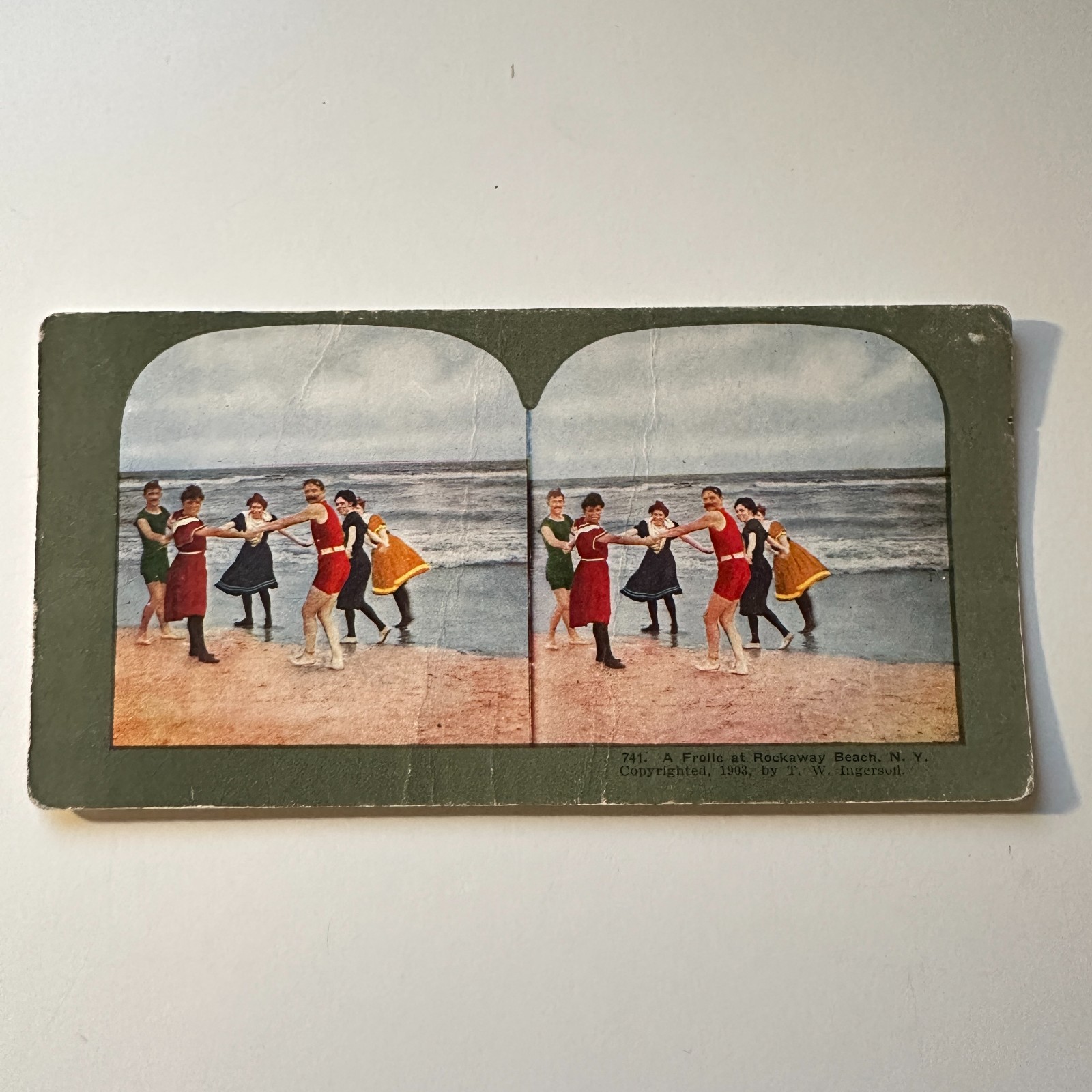A Frolic At Rockaway Beach in New York Antique Stereoview Card 5H6-5